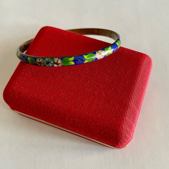 Beautiful Vintage Blue Floral Cloisonne Bangle Bracelet - Picture 2 of 6